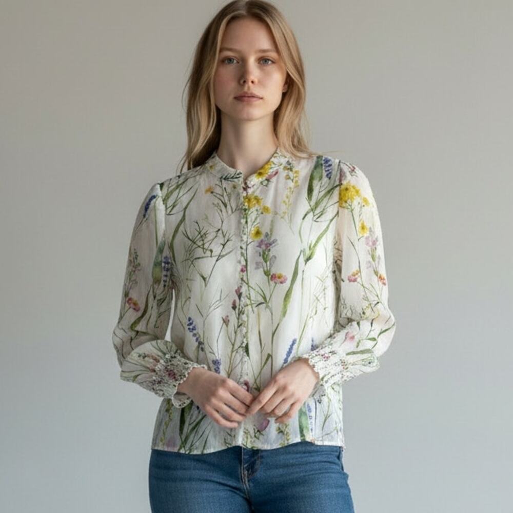 Top Shirt Blouse M Botanical Floral Whimsical garden party fairycore Semi Sheer